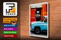 Blechschild Reise 30x40cm USA Oldtimer Dram Cars blau Amerika