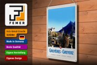 Blechschild Reise 30x40cm Gruyeres Greyerz Schweiz Stadt