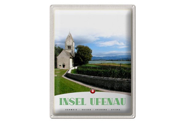 Blechschild Reise 30x40cm Insel Ufenau Schweiz Kirche Wiese See