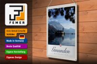 Blechschild Reise 30x40cm Gmunden Österreich Kirche Gebirge Natur