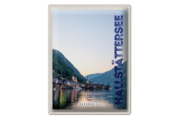 Blechschild Reise 30x40cm Blick auf Hallstättersee Österreich