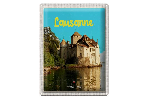 Blechschild Reise 30x40cm Lausanne Schloss See Schweiz Reiseziel