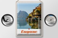 Blechschild Reise 30x40cm Lugano Schweiz See Ausblick auf Berg