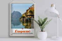 Blechschild Reise 30x40cm Lugano Schweiz See Ausblick auf Berg