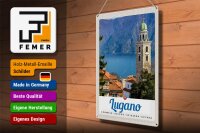 Blechschild Reise 30x40cm Lugano Schweiz See Kirche Gebirge