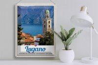 Blechschild Reise 30x40cm Lugano Schweiz See Kirche Gebirge