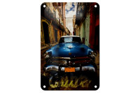 Blechschild Spruch 12x18cm Cuba blaues Auto