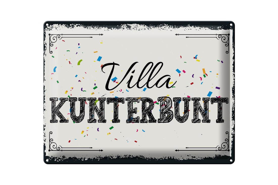 Metallschild "Villa Kunterbunt" – Gewölbtes Blechschild 27x10 Cm, 4 Löcher, Made In Germany