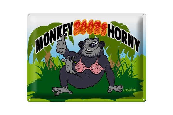 Blechschild Spruch 40x30cm Monkey Boobs Horny Affe im BH