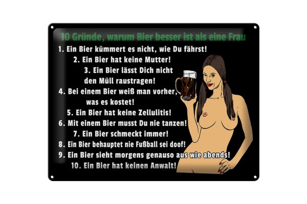 Blechschild Pinup 40x30cm 10 Gründe Bier besser als Frau