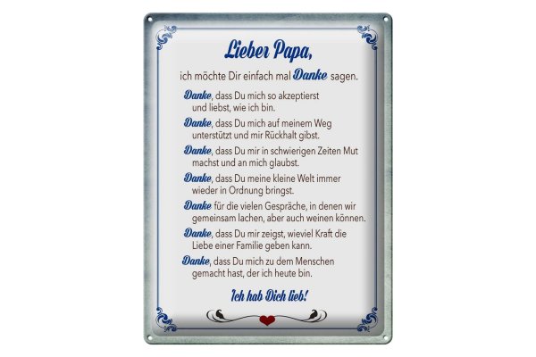 Blechschild Spruch 30x40cm lieber Papa Ich hab dich lieb