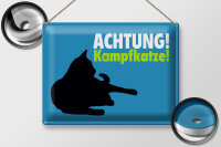 Blechschild Spruch 40x30cm Achtung Kampfkatze Katze blau