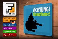 Blechschild Spruch 40x30cm Achtung Kampfkatze Katze blau
