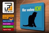 Blechschild Spruch 40x30cm Katze hier wohne ich blau