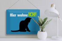 Blechschild Spruch 40x30cm Katze hier wohne ich blau