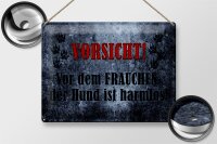 Blechschild Hinweis 40x30cm Vorsicht Frau Hund harmlos