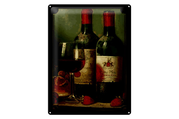 Blechschild Kunst 30x40cm Stillleben Rotwein Erdbeeren Obst