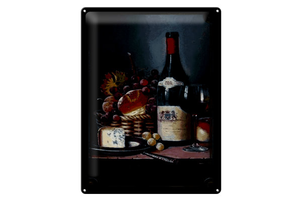 Blechschild Kunst 30x40cm Stillleben Rotwein Käse Obst
