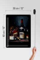Blechschild Kunst 30x40cm Stillleben Rotwein Käse Obst