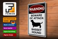 Blechschild Hinweis 30x40cm beware of attack Basset Hound
