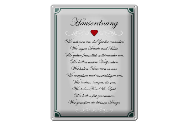 Blechschild Spruch 30x40cm Hausordnung wir Zeit füreinander