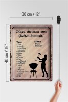 Blechschild Spruch 30x40cm Dinge die man zum Grillen braucht