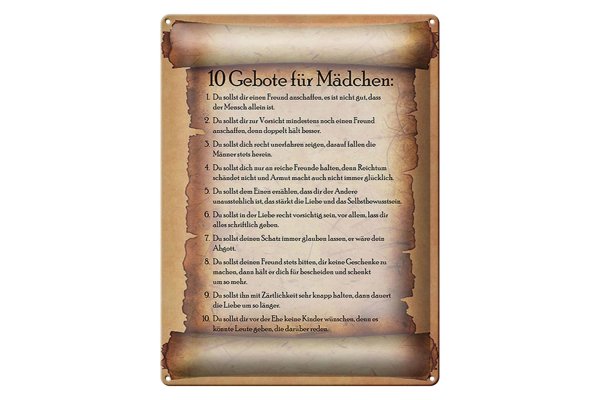 Blechschild Spruch 30x40cm 10 Gebote für Mädchen du sollst