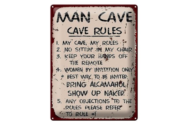 Blechschild Spruch 30x40cm Man cave my cave my rules
