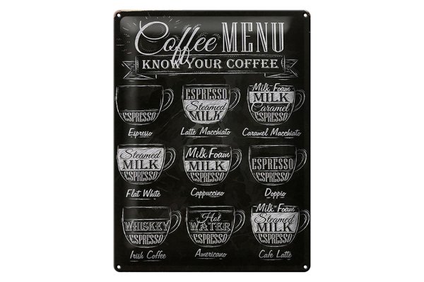 Blechschild Kaffee 30x40cm Coffee Menu Espresso Latte Flat