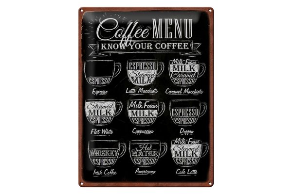 Blechschild Kaffee 30x40cm Coffee Menu flat white Doppio