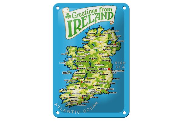 Blechschild Urlaub 12x18cm Greetings from Ireland Landkarte