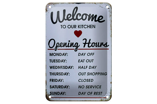 Blechschild Spruch 12x18cm welcome to our Kitchen Opening