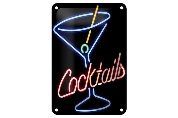 Blechschild Alkohol 12x18cm Cocktails Neon Strohhalm