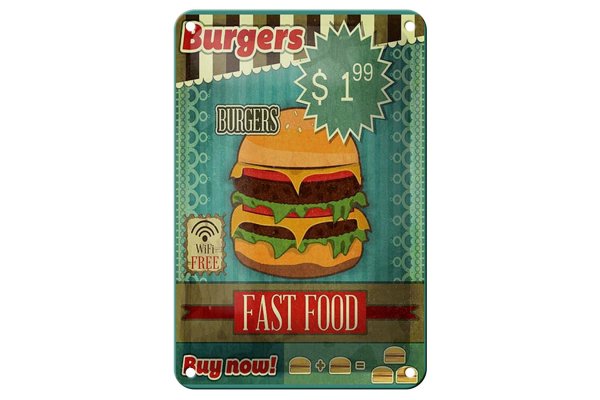 Blechschild Essen 12x18cm fast food Burgers buy now wifi