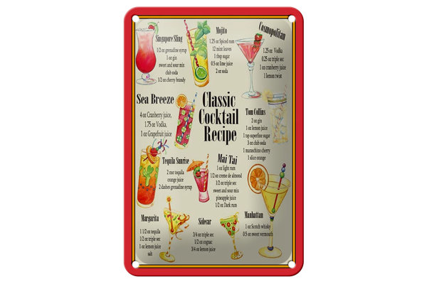 Blechschild Alkohol 12x18cm Classic Cocktail Recipe Rezepte