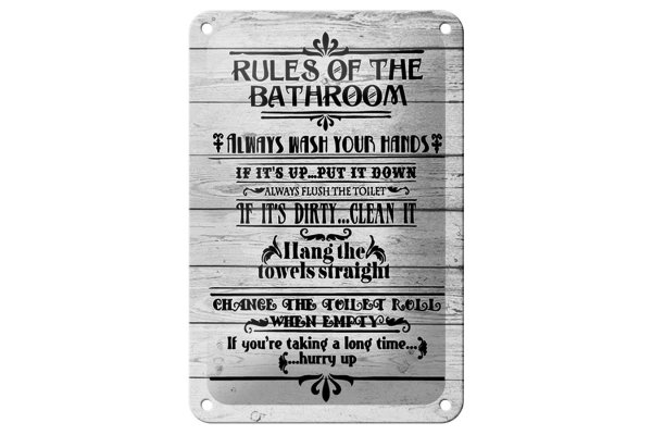 Blechschild Spruch 12x18cm rules of the bathroom wash hands