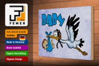 Holzschild Baby 30x20cm Storch bringt Kind in blau