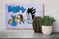 Holzschild Baby 30x20cm Storch bringt Kind in blau