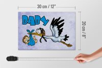 Holzschild Baby 30x20cm Storch bringt Kind in blau