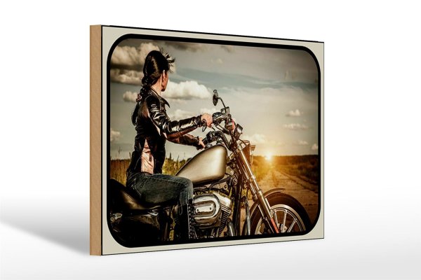 Holzschild Motorrad 30x20cm Frau Girl Sonnenaufgang