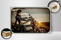 Holzschild Motorrad 30x20cm Frau Girl Sonnenaufgang