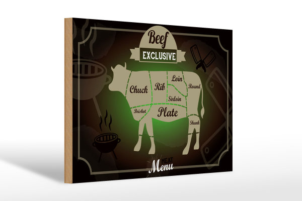 Holzschild Fleisch 30x20cm Schnitte Beef exklusive Menü