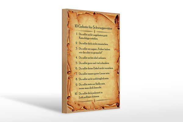 Holzschild Spruch 20x30cm 10 Gebote für Schwiegerväter