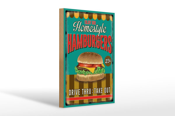 Holzschild Essen 20x30cm Hamburgers enjoy our Homestyle