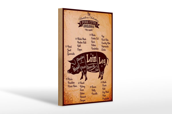 Holzschild Metzger 20x30cm Pork cuts Organic free Schwein