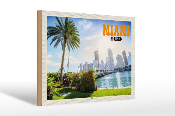 Holzschild Reise 30x20cm Miami USA City Stadt Meer Palme Urlaub