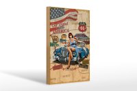 Holzschild Retro 20x30cm Pinup Car Travel trough America