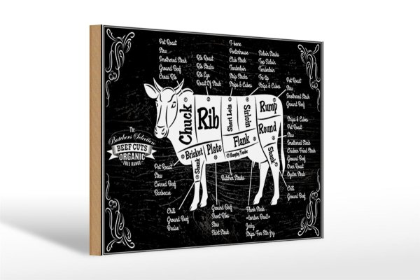 Holzschild Kuh 30x20cm Beef cuts Organic Metzgerei