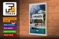 Holzschild Reise 20x30cm Amalfi Italy Wasser Berge