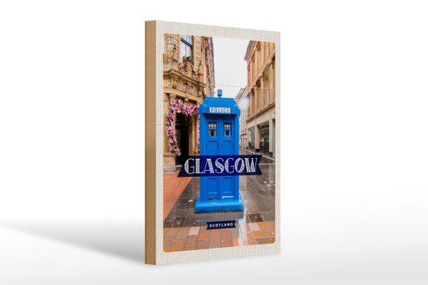 Holzschild Reise 20x30cm Glasgow Scotland Blaue Police Zelle